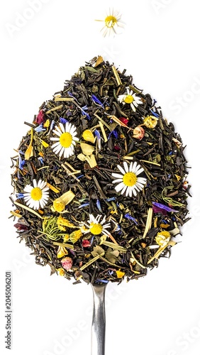 Colorful Herbal Tea Blend Arranged on Spoon Against White Background