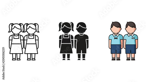 Set of children icons featuring boys and girls in line art, silhouette, and flat vector styles