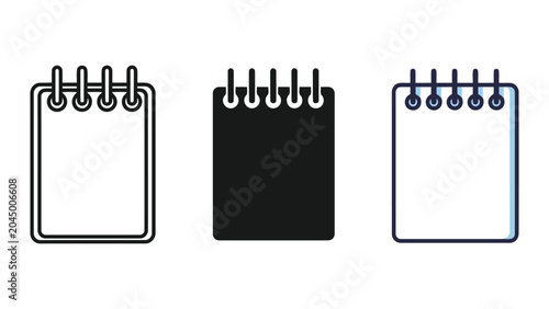 Set of three spiral notebook icons in flat and line art styles