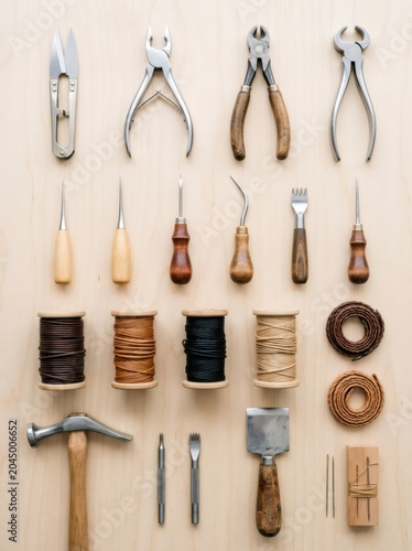 Leatherworking tools laid out on a wooden surface for artisan craftsmanship. Professional equipment kits including needles, thread, hammer, and awl for handmade boot and bag creation.