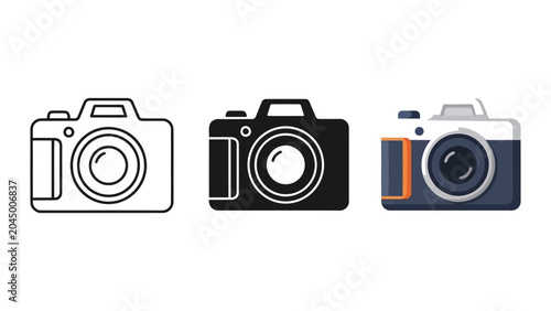 Set of digital camera icons in line art silhouette and flat vector styles
