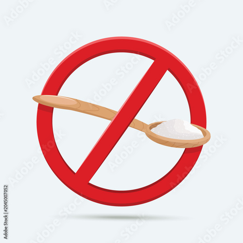 No sugar warning sign vector illustration featuring a wooden spoon filled with sugar crossed by a red prohibition symbol