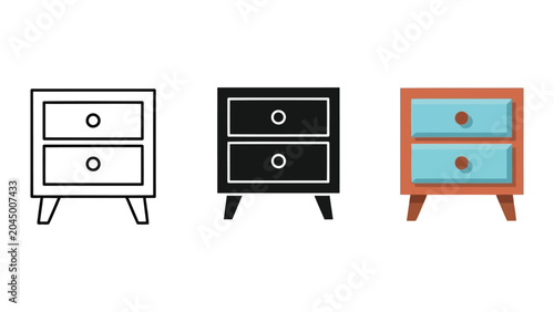Set of bedside table icons in line art solid and flat vector styles