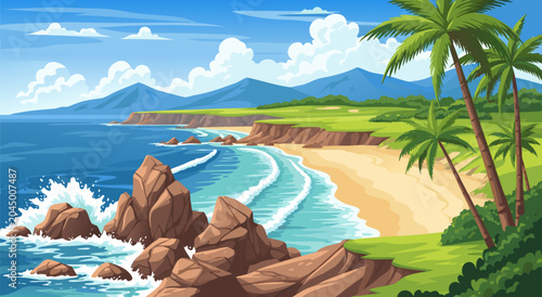 Foto Tropical Beach Paradise Vector Illustration with Palm Trees, Ocean Waves, and Co