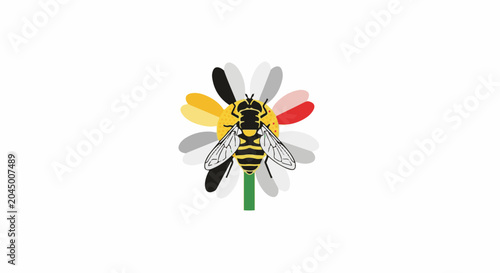 Stylized bee resting on a colorful daisy, simple graphic