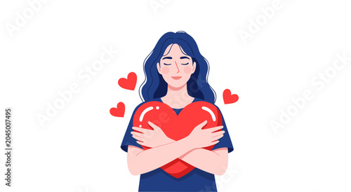 Tableau sur toile Self-love vector illustration a woman with eyes closed embracing a large red hea