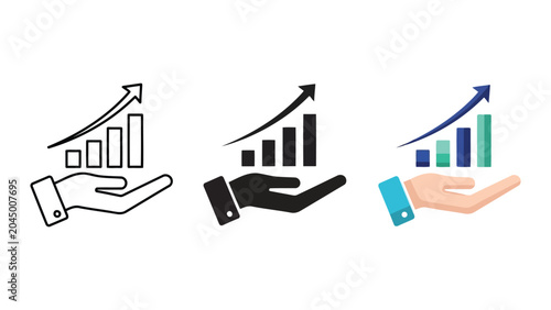 Hand holding rising bar chart vector illustration set