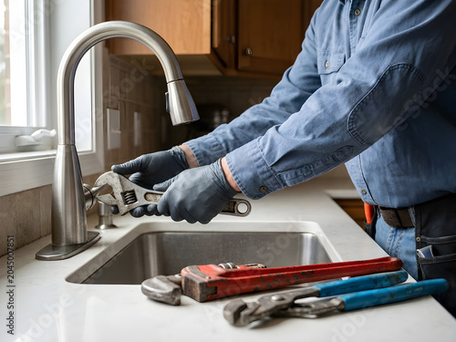 Professional Plumber Repairing Modern Kitchen Faucet with Adjustable Wrench and Plumbing Tools, Close Up Hands at Work, Residential Maintenance Service, Home Plumbing Repair