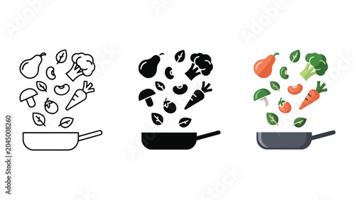Fotografi Vegetables and fruits falling into a frying pan vector illustration set