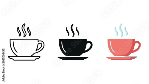 Set of coffee cup icons in line art solid black and flat color vector styles