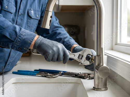 Professional Plumber Repairing Modern Kitchen Faucet with Adjustable Wrench and Plumbing Tools, Close Up Hands at Work, Residential Maintenance Service, Home Plumbing Repair
