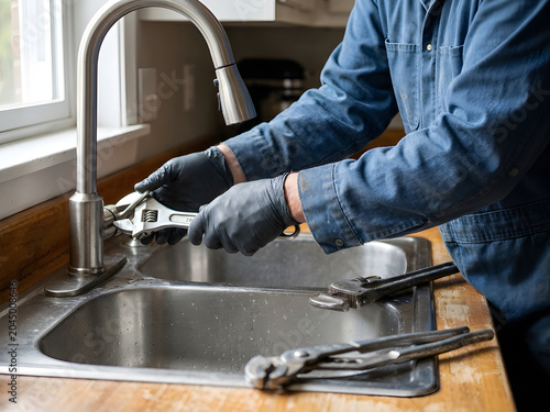 Professional Plumber Repairing Modern Kitchen Faucet with Adjustable Wrench and Plumbing Tools, Close Up Hands at Work, Residential Maintenance Service, Home Plumbing Repair