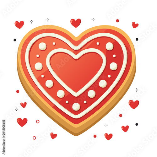 Heart shaped cookie with red icing and white decorations