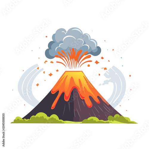 Volcano eruption with lava, smoke, and ash in flat design