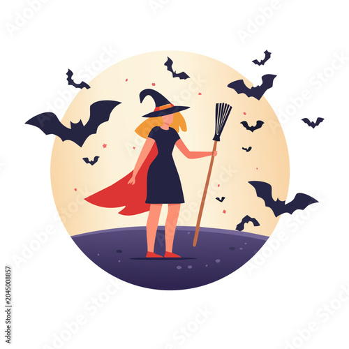 Witch with broom and bats against a moon