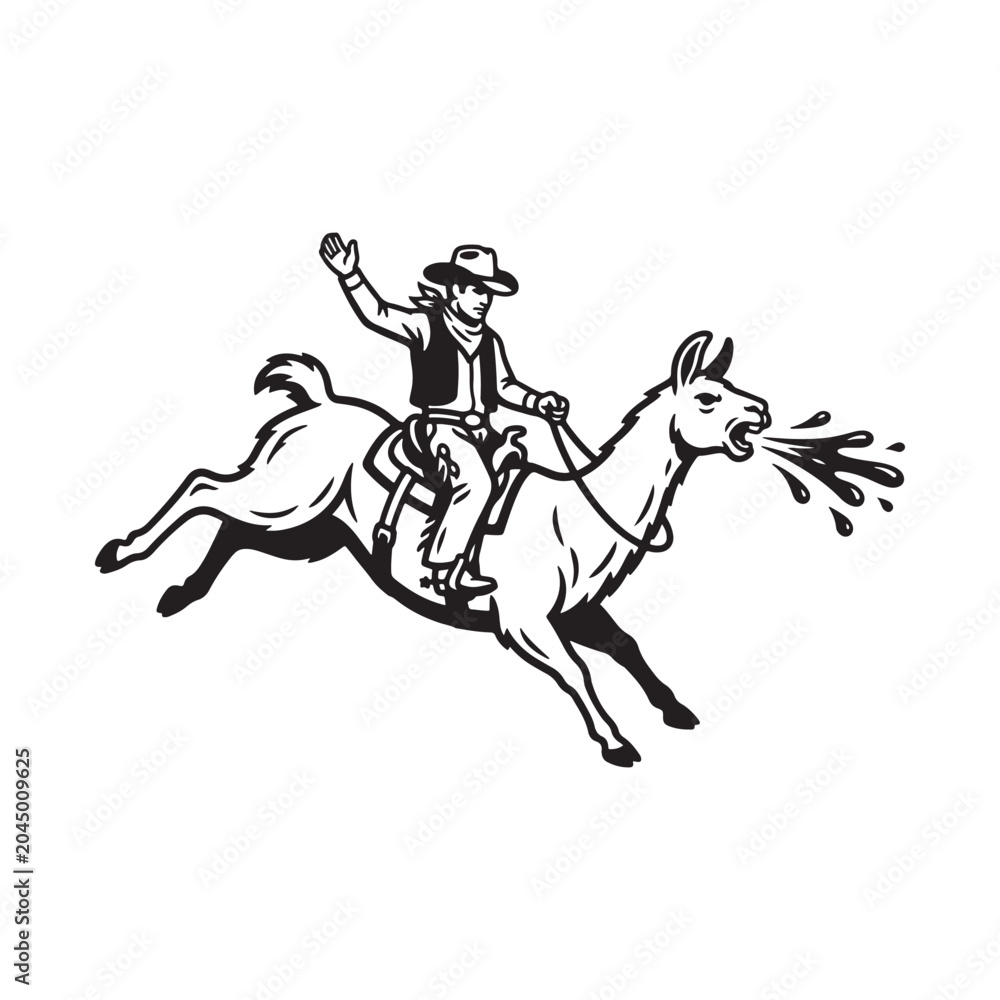 Fototapeta premium Cowboy riding a spitting llama illustration
