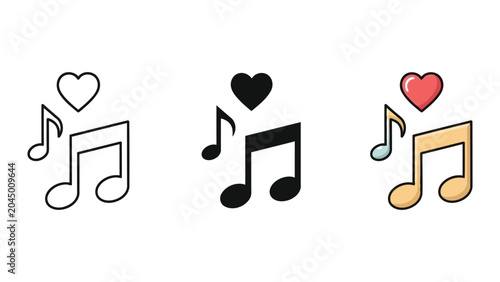 Music note and heart symbol vector illustration set