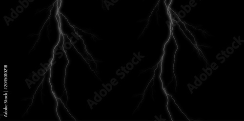 Lightning bolts on black background, electricity and thunder storm