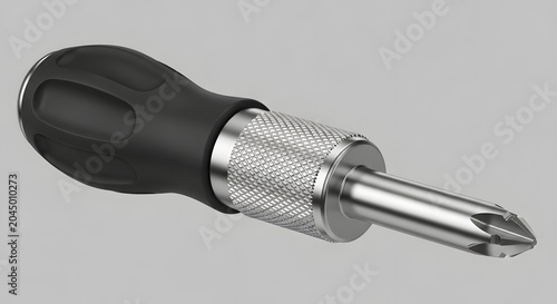 Short stubby screwdriver with black ergonomic handle and metal tip head.
