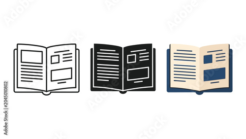 Open book icon set in line art silhouette and flat vector design