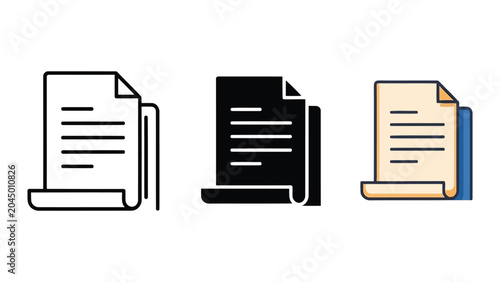 Document file icon set in line art solid and flat vector styles