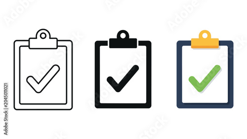 Clipboard with checkmark icons in outline solid and flat vector styles