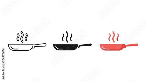 Set of frying pan icons with steam in line art flat and solid styles