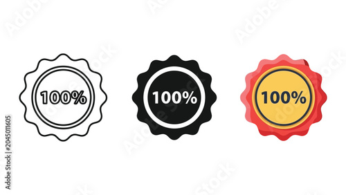 One hundred percent badge vector illustration set in outline solid and flat styles