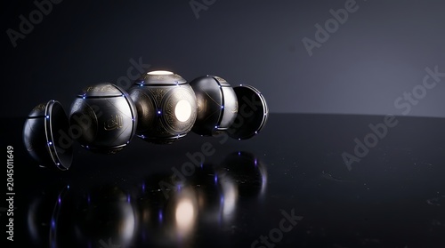 Futuristic glowing metallic spheres on dark reflective surface