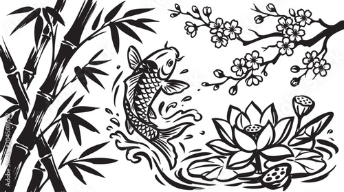 Black and white koi fish, lotus flower, bamboo, and cherry blossom vector illustration