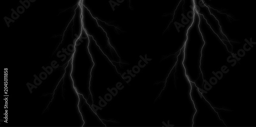 Lightning bolts on black background, electricity and thunder storm