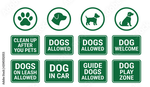 Dog friendly park sign vector label set. Green pet notice badges, clean up after pets, dogs welcome, leash required and guide dogs allowed symbols.