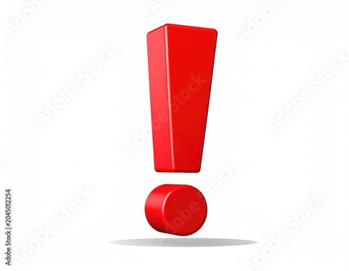 A bright red, glossy, 3D exclamation mark on a white background