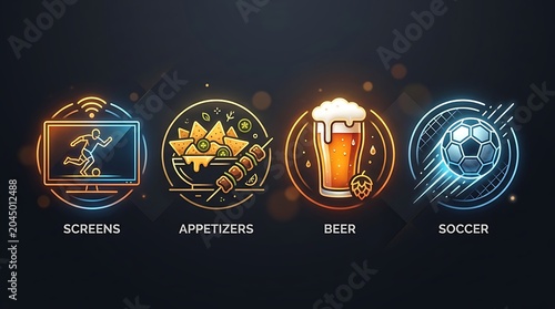 Sports bar neon icons representing screens food beer and soccer