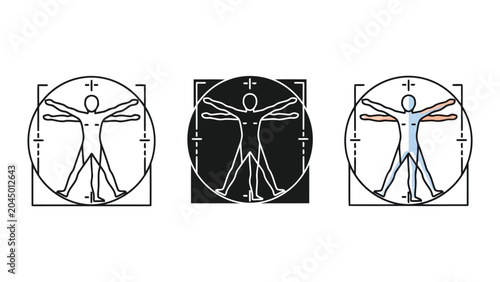 Vitruvian man vector illustration set in minimalist line art and flat style