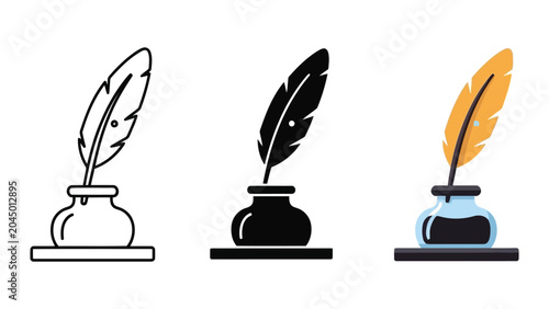 Quill pen and inkwell vector illustration set in line art flat and silhouette styles
