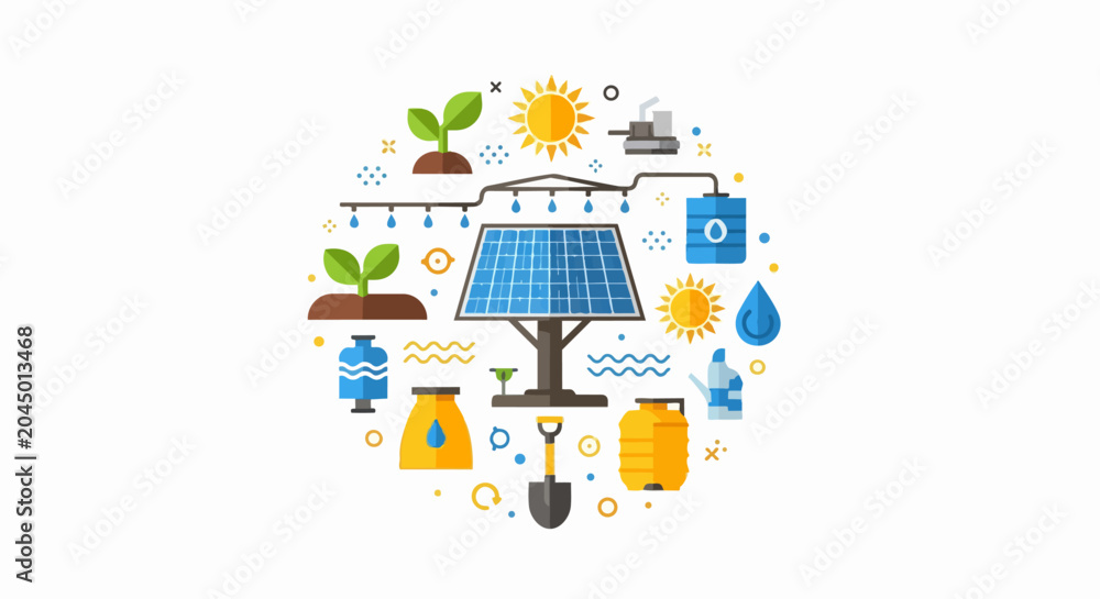 Fototapeta premium Sustainable Agriculture and Smart Irrigation Flat Illustration with Solar Panels, Plants, and Water Management Icons for Green Farming Technology