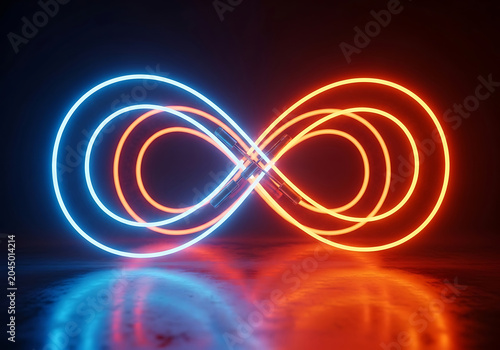 Glowing neon infinity symbol with blue and orange loops on a dark background