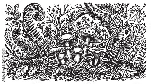 Black and white, illustration, forest, mushrooms, foliage, vector graphics