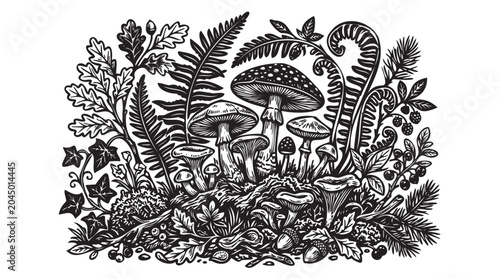 Black and white, illustration of mushrooms, forest plants, foliage, vector graphics