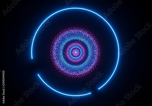 Vibrant neon circle with swirling purple and blue light patterns on dark background