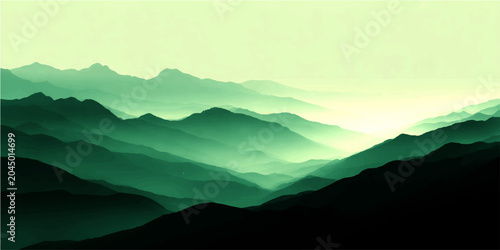 Photos Misty green mountain range, layers receding into atmospheric haze, evokes a sense of serene grandeur and timeless tranquility