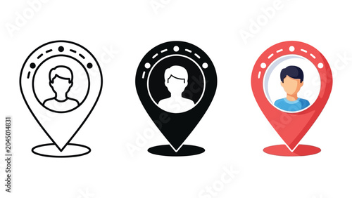 Location pin icons with user profile avatar in line art solid and flat vector styles