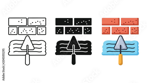 Foto Bricklaying trowel and mortar vector illustration set