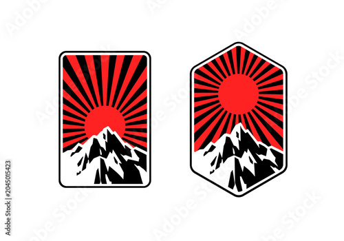 Mountain signs with red sun rays on blak background in japan style for asian style stickers design, clothing prints, travel patch with mountain landscape - editable vector template  