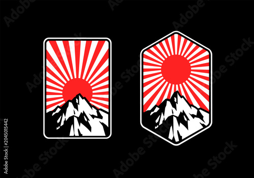 Flat Mountain signs with red sun rays background in japan style for asian style stickers design, clothing prints, travel patch with mountain landscape - editable vector template  