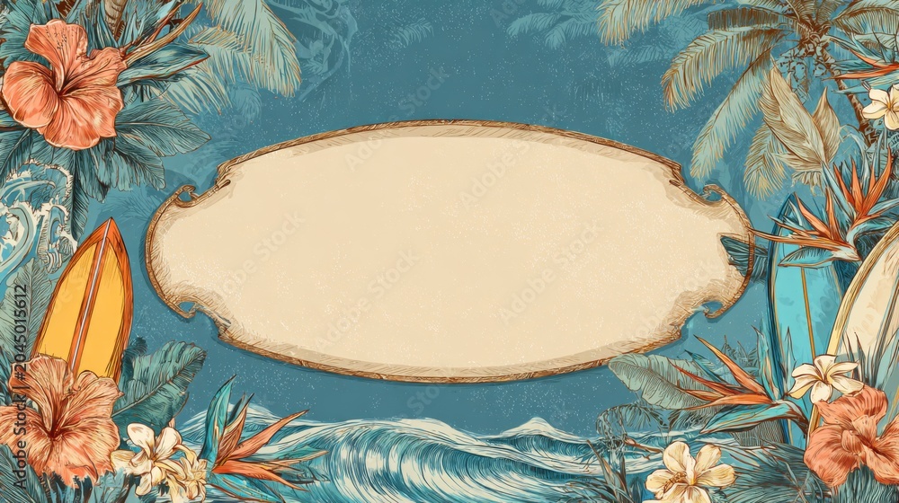 Obraz premium Tropical Ocean Frame with Floral Border and Surfboards for Sports or Lifestyle Themes