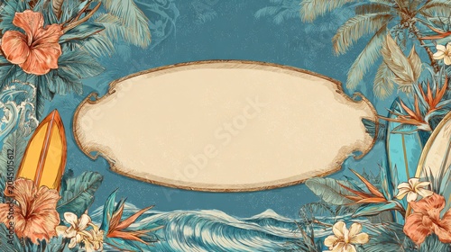 Tropical Ocean Frame with Floral Border and Surfboards for Sports or Lifestyle Themes