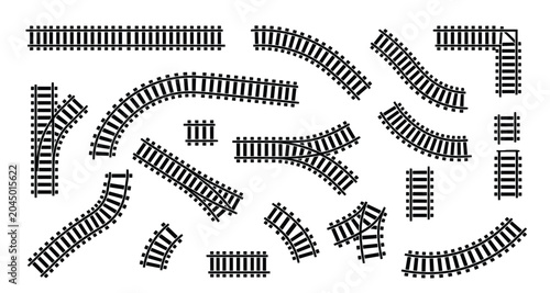Railway track vector silhouette set. Straight and curved train rails, turnouts, junctions, crossovers, railroad ties, transportation construction parts and logistics map elements.