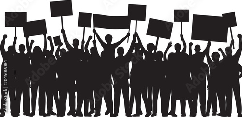 Billede på lærred Black silhouette of a large group of people protesting, holding banners and rais